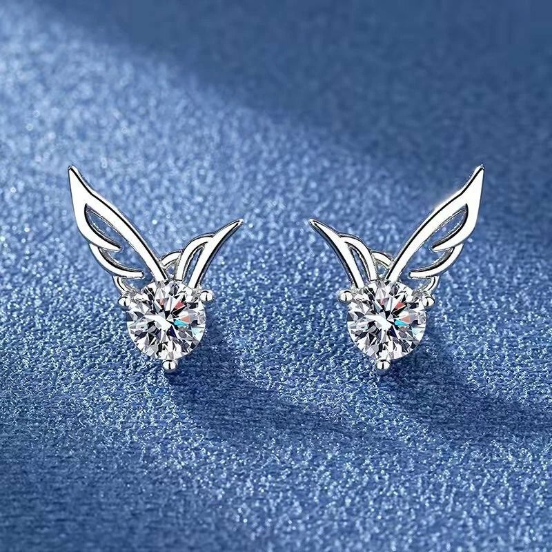 Crystal Angel Wings Women Stud Earrings, Elegant Sterling Silver Jewelry