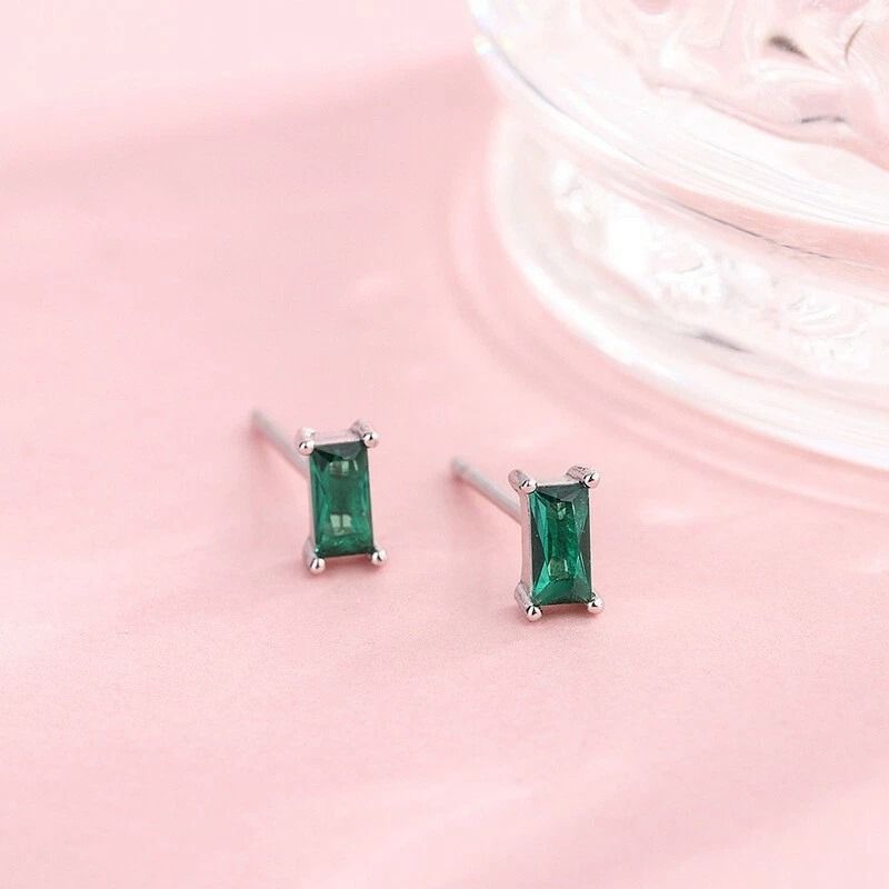 Retro Green Cubic Zirconia CZ Earrings Sterling Silver Studs for Women