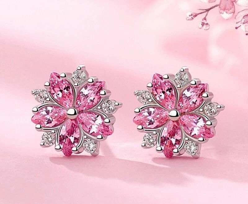 Women Sterling Silver Earrings, Crystal Stud Pink Flowers Jewelry