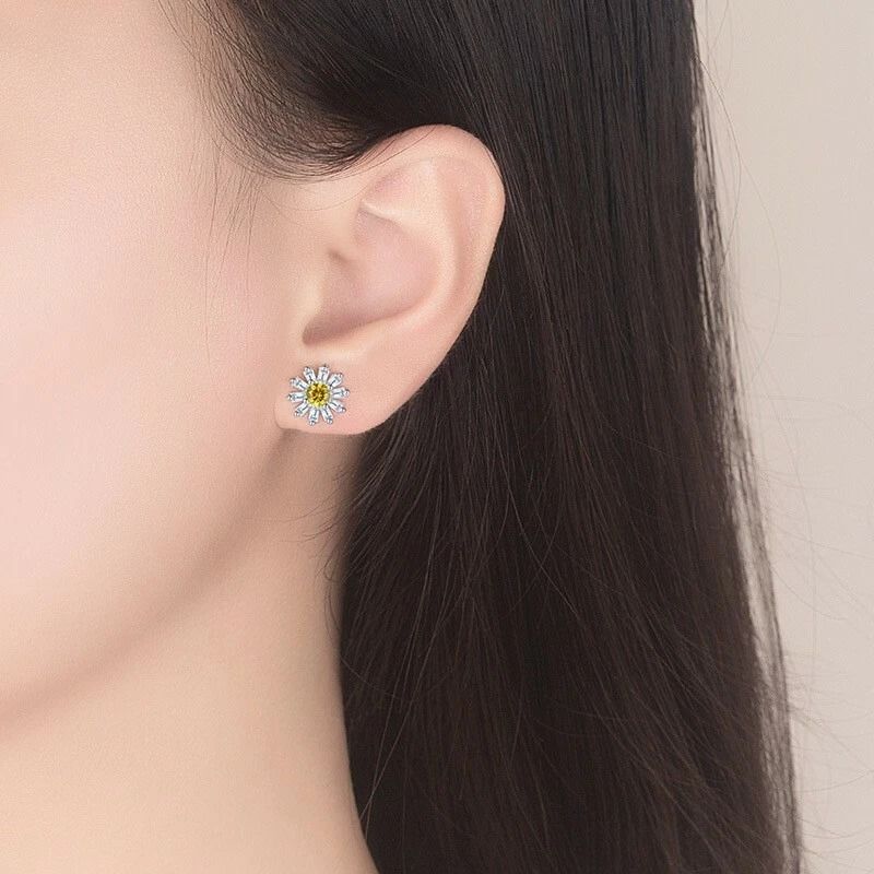 Exquisite Sunflower Earrings Stud Hook, Sterling Silver Jewelry for Women
