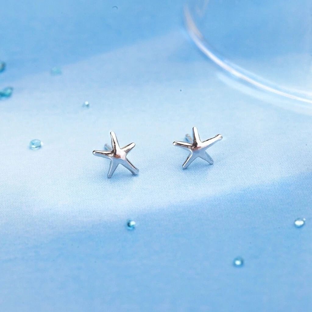 Elegant Starfish Stud Earrings 3D, Fashion Women Sterling Silver Jewelry
