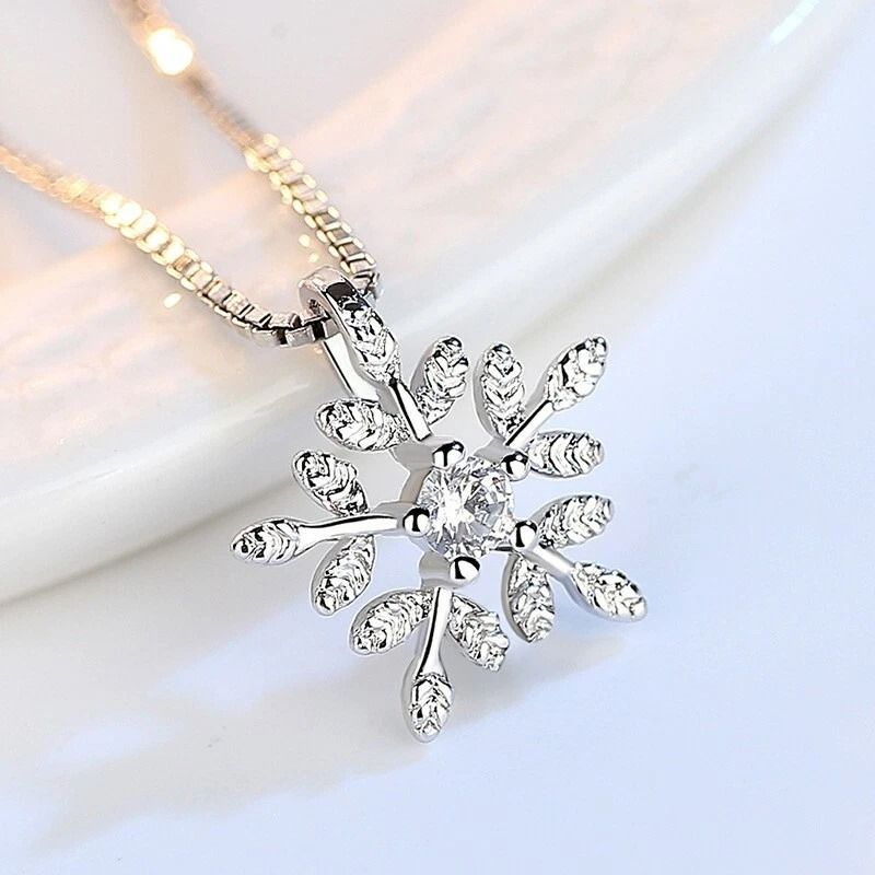 Crystal Leaf Texture Necklace for Women, Sterling Silver Snowflakes Pendant