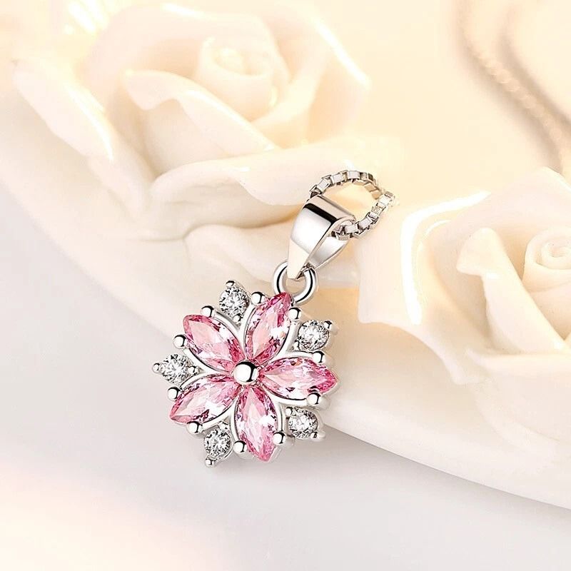 Elegant Women Sterling Silver Necklace, Pink Crystal Blossom Flowers