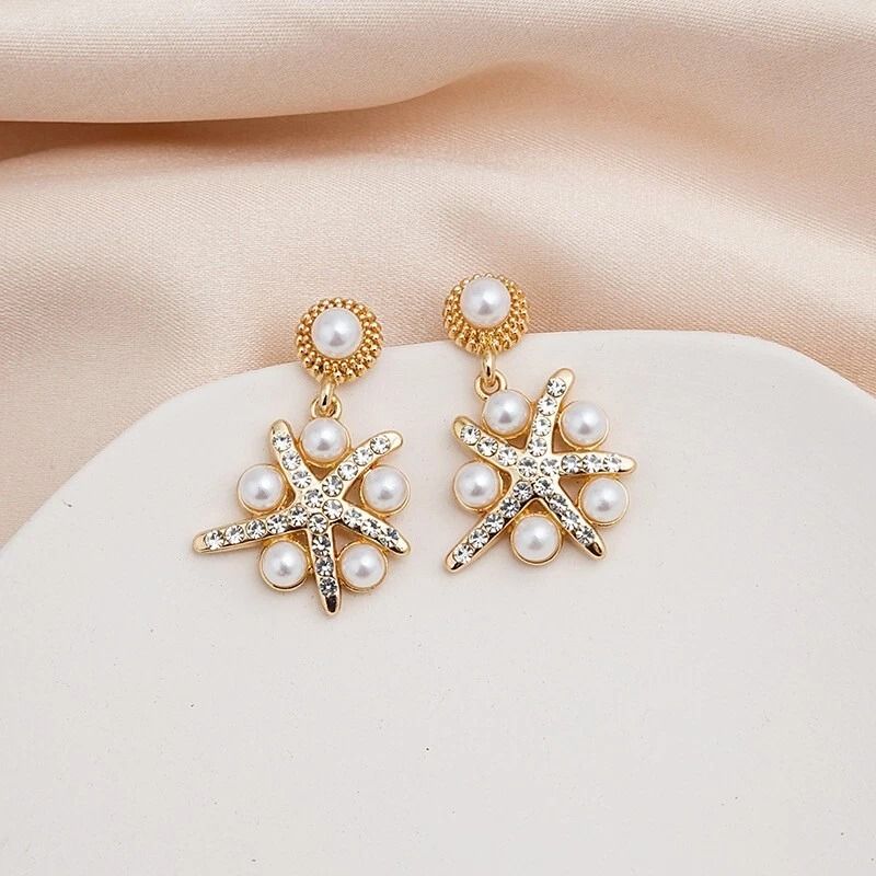 Sterling Silver Earrings for Women, Retro 3D Crystal Starfish Style Jewelry