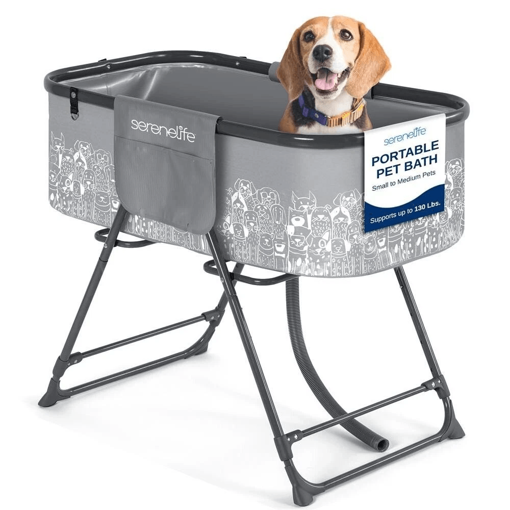 SereneLife Portable Dog Bath Tub Durable Gray & Black Dog Tub with Two Side Pockets & Drain System for Easy Bathing