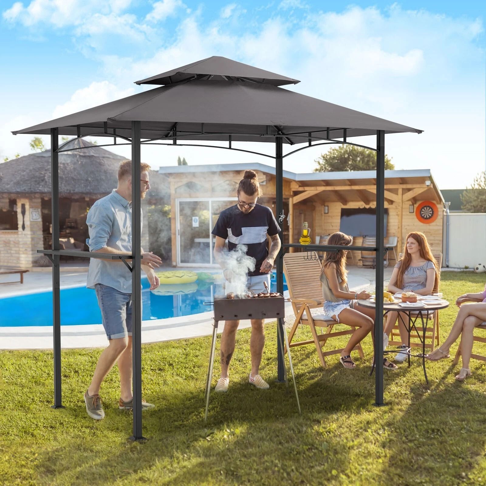 Outdoor Grill Gazebo BBQ Tent with Shelves & Hooks Durable Canopy for Cooking and Protection