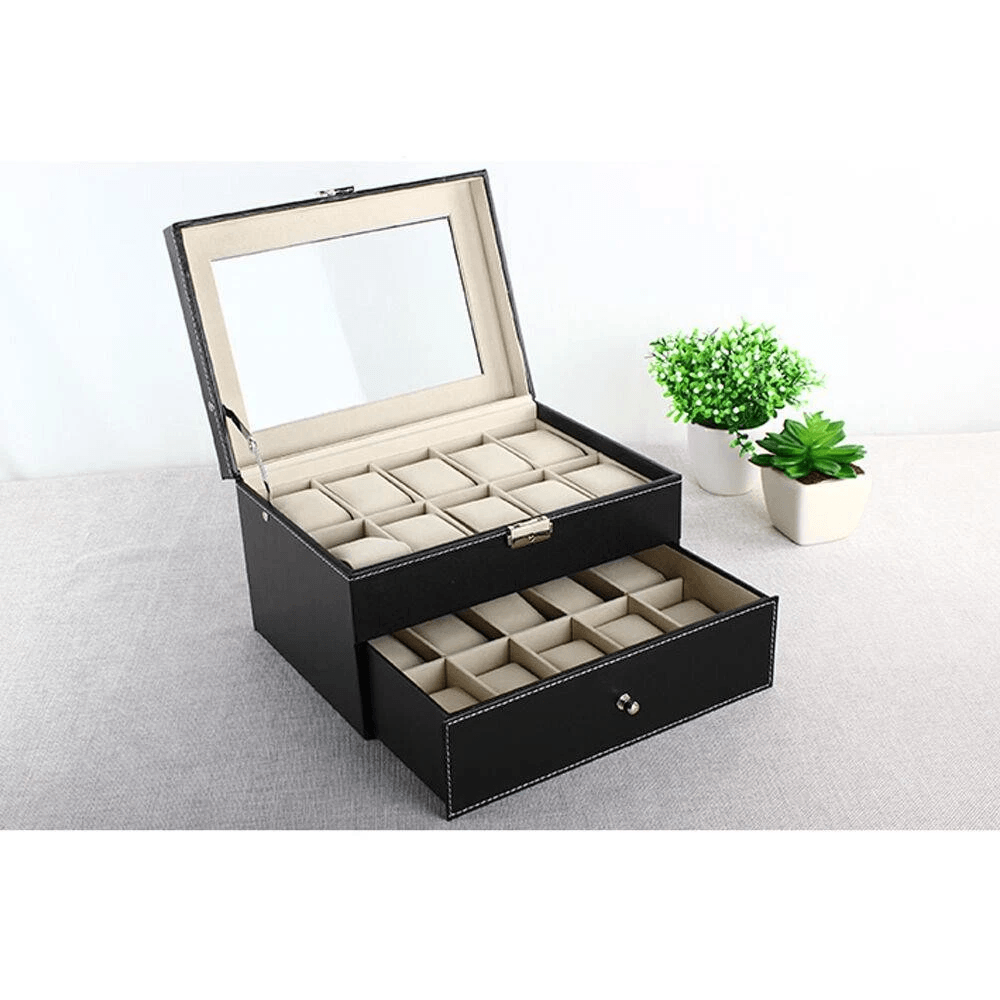 Large 20 Slot Leather Watch Box Case Organizer with Glass Display for Jewelry Storage