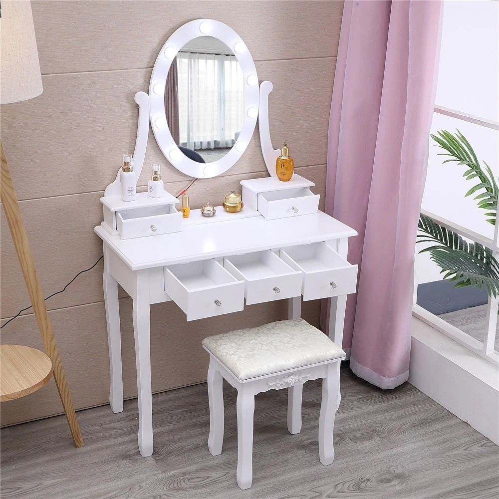 Vanity Table with LED Lights & 5 Drawers Modern Makeup Desk Set for Bedroom
