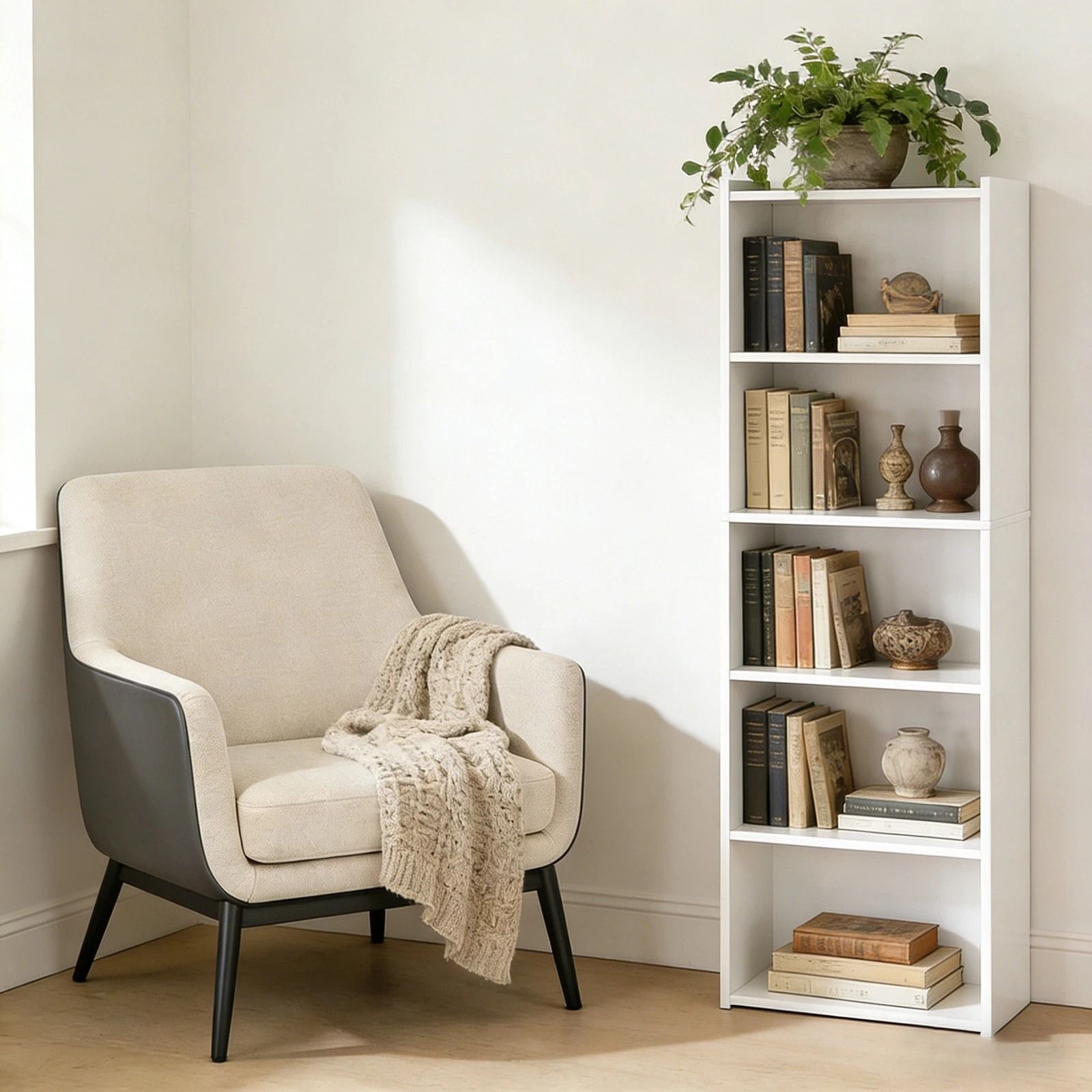 5 Tier Freestanding Wooden Bookshelf White Storage & Display Stand for Living Rooms