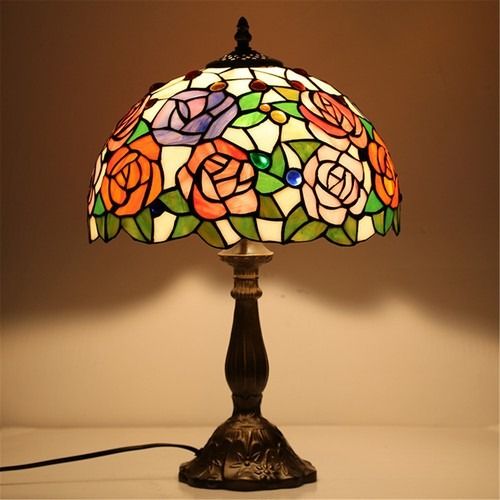 Rose Flower Tiffany Stained Glass Table Lamp Vintage Desk Light for Home Decor