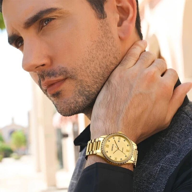 Luxury Gold Tone Stainless Steel Quartz Watch for Men Classic Business Wristwatch