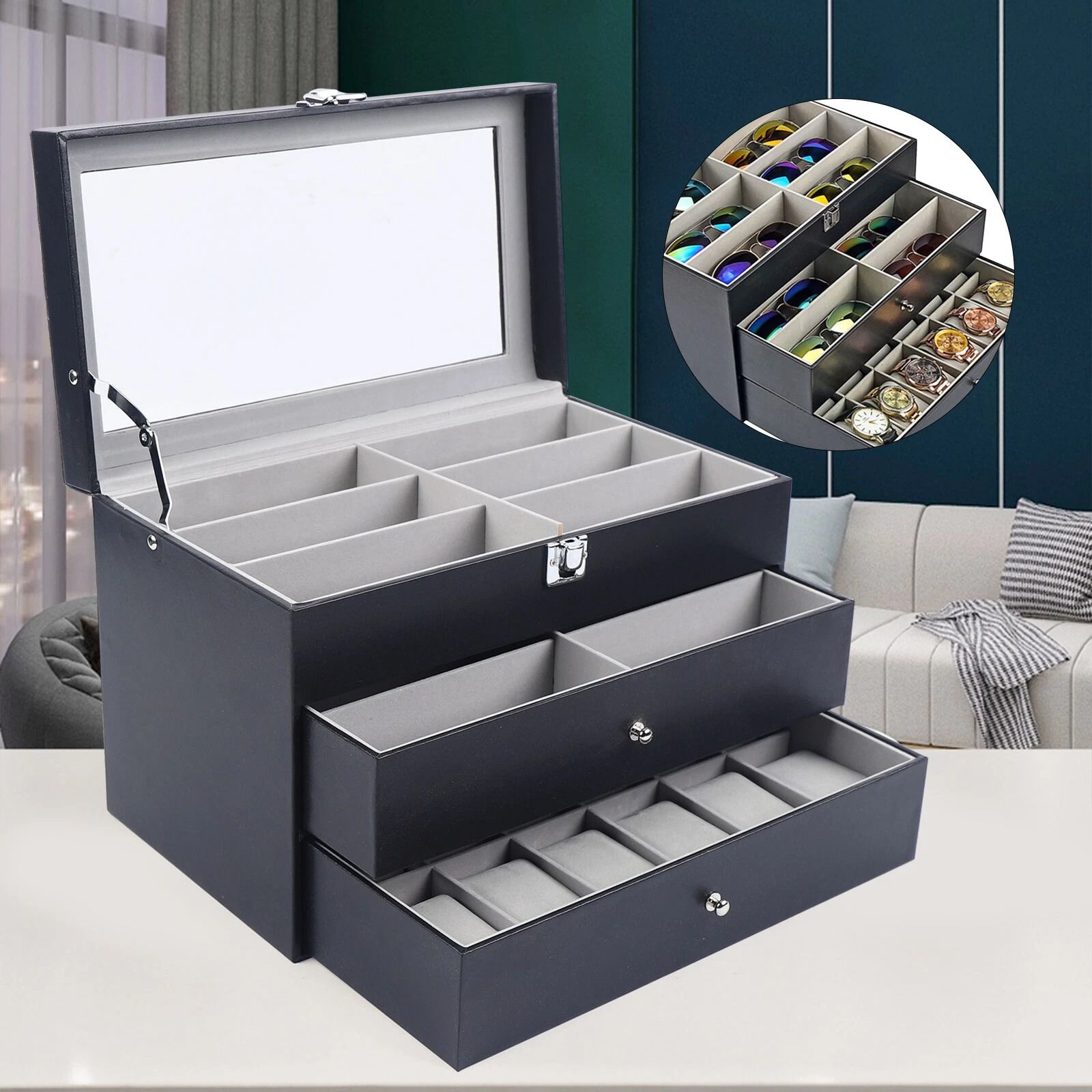 24 Slot Leather Watch Box with Glass Top Display Case and Jewelry Storage Organizer