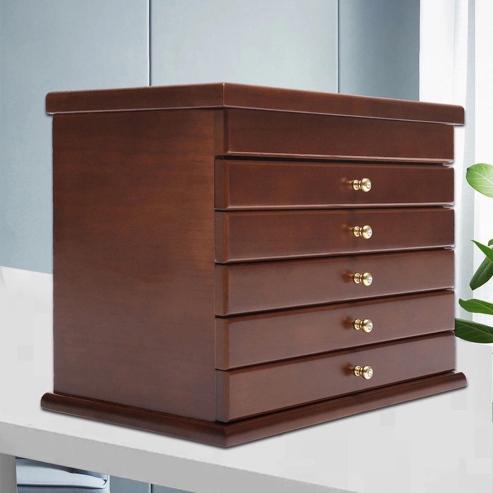 Large Vintage Wooden Jewelry Box 6 Tier Organizer for Rings Earrings Necklaces