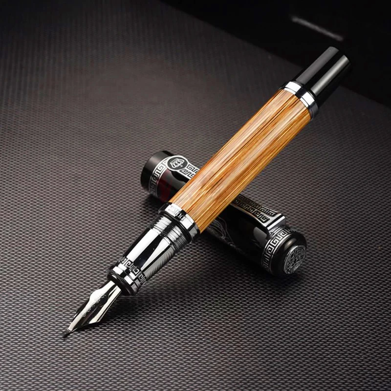 Duke Classic Confucius Natural, Bamboo Calligraphy Fountain Pen, Metal Embossed Pattern Bent Nib Iridium 1.2mm