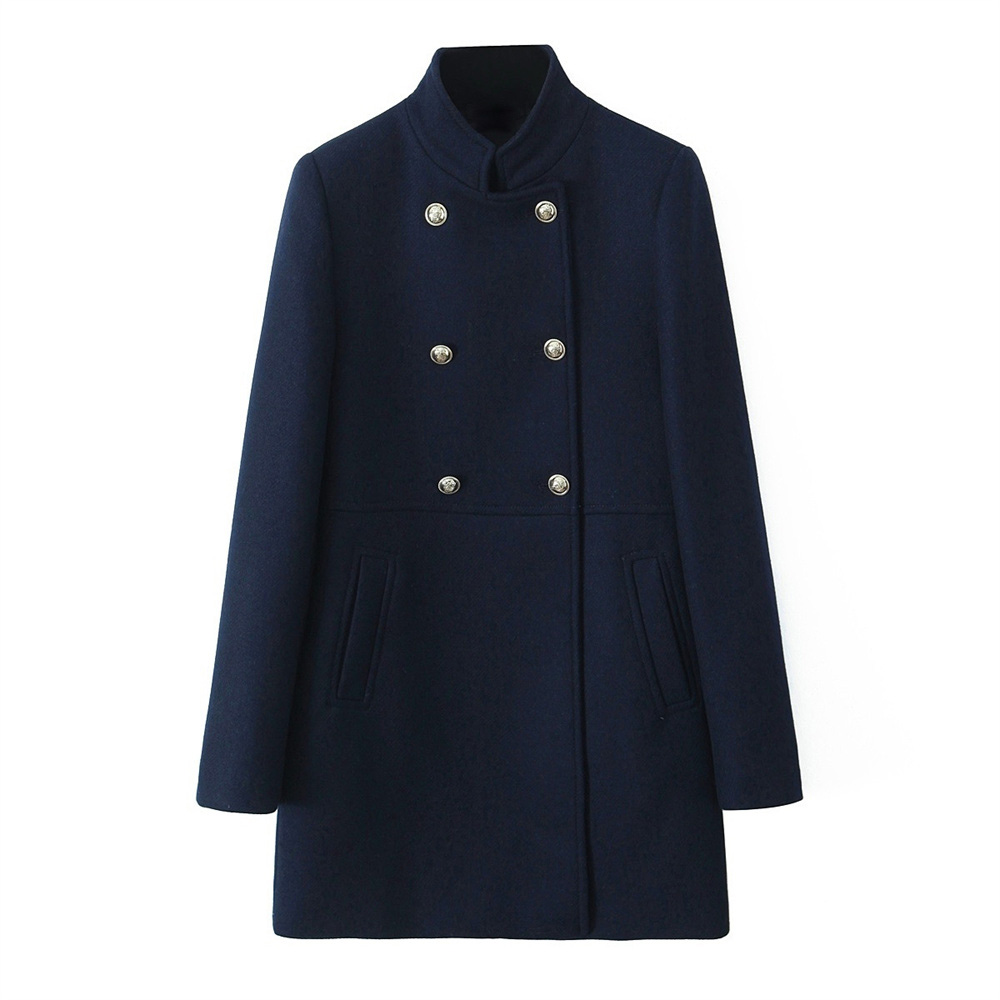 New Double Breasted Jacket for Women, Gold Button Up Stand Up Collar Solid Color Coat for Autumn and Winter