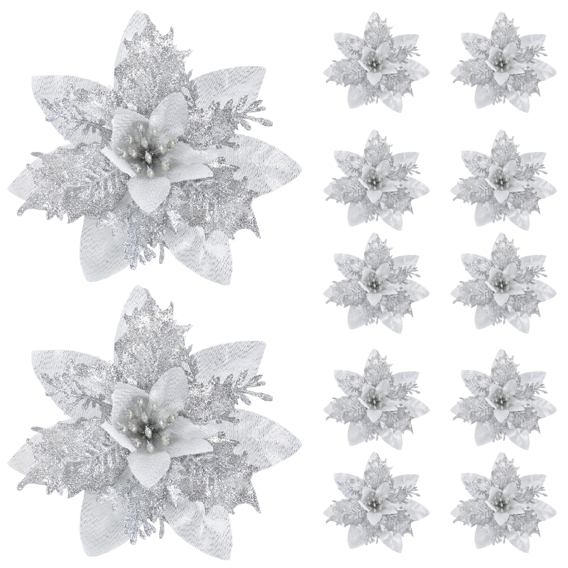 Artificial Flower Ornaments, Glitter Pink Christmas Flowers, Xmas Tree Decoration for Home and New Year
