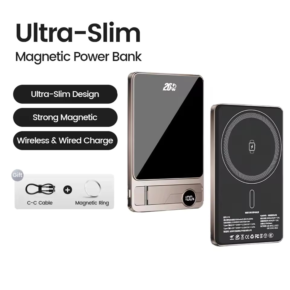 Wireless Fast Charging Power Bank, Ultra-thin Magnetic Portable Battery