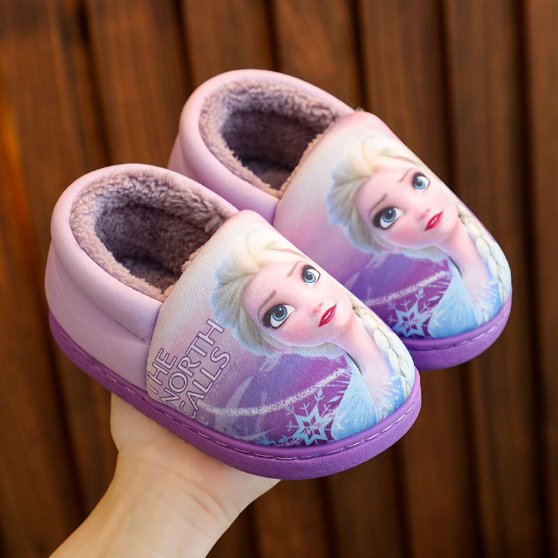 Elsa Winter Cotton Slippers for Girls, Disney Princess Frozen Heel Slippers, Black Purple Kids' Warm Flats Shoes