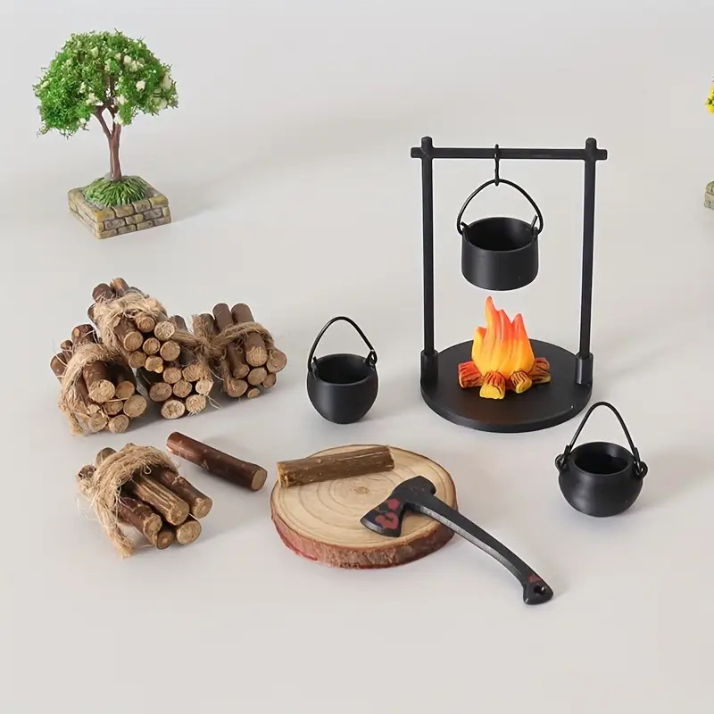 Miniature Campfire and Teapot eight Piece Statue Set Fairy Garden DIY Craft Accessories Desktop Photo Props Decor