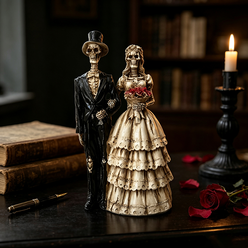 Gothic Skeleton Couple Statue Resin Bride Groom Skull Figurine Halloween Wedding Decor