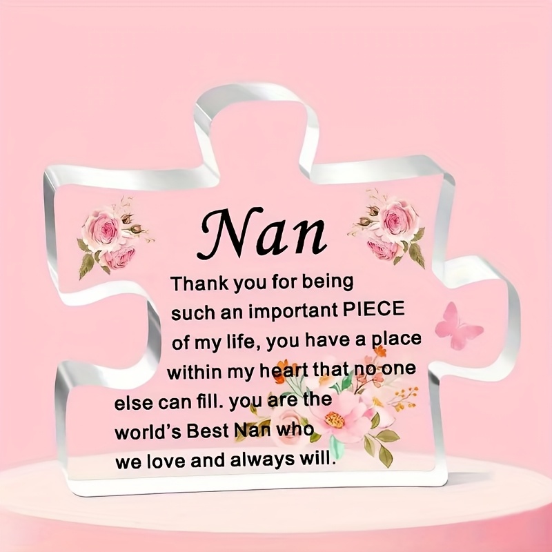 Acrylic Nan Gift Puzzle Piece with Floral Design Token for Display