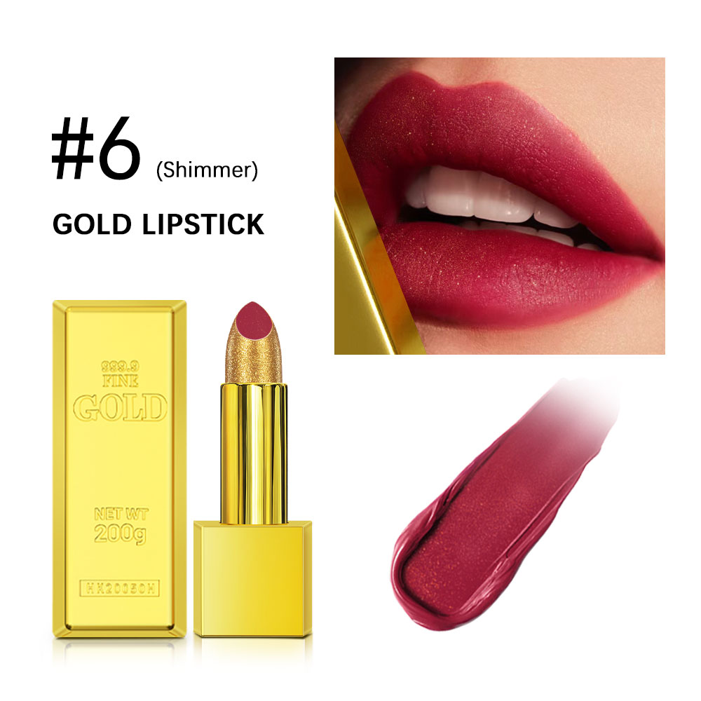 Shimmer Gold Lipstick Metallic, Waterproof Glitter Sexy Lipsticks, Long Lasting Shine, Gold Brick Tube Design Gift