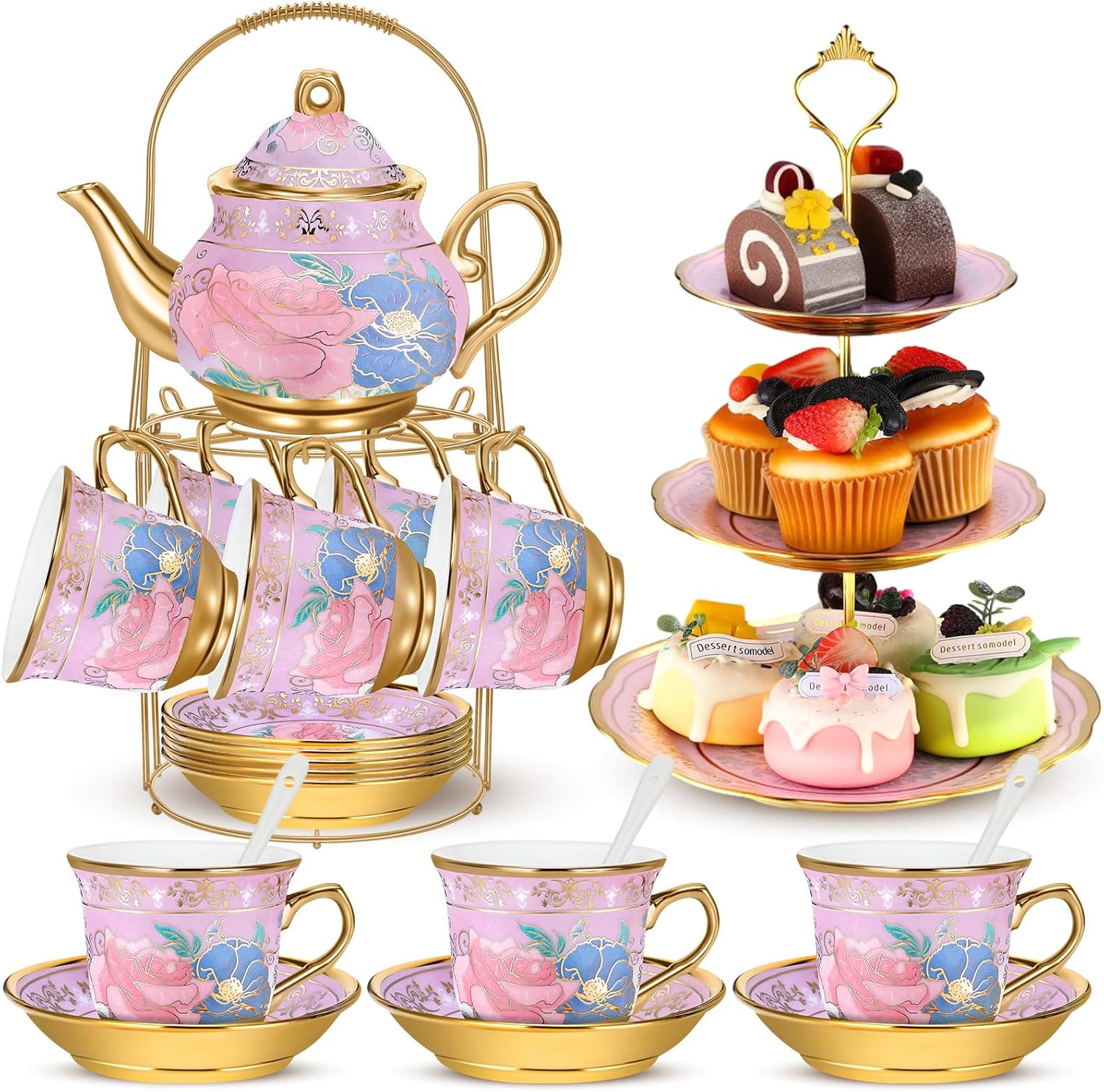 21-Piece Ceramic Tea Set with Metal Holder & Cupcake Stand - Elegant European Tea Pot, Cups, and Tiered Dessert Tower