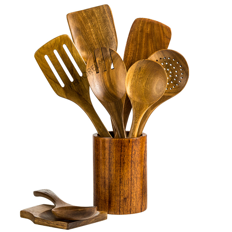 Wooden Spoons for Cooking, Teak Wooden Kitchen Utensils Set, Wooden Utensils for Cooking with Utensils Holder