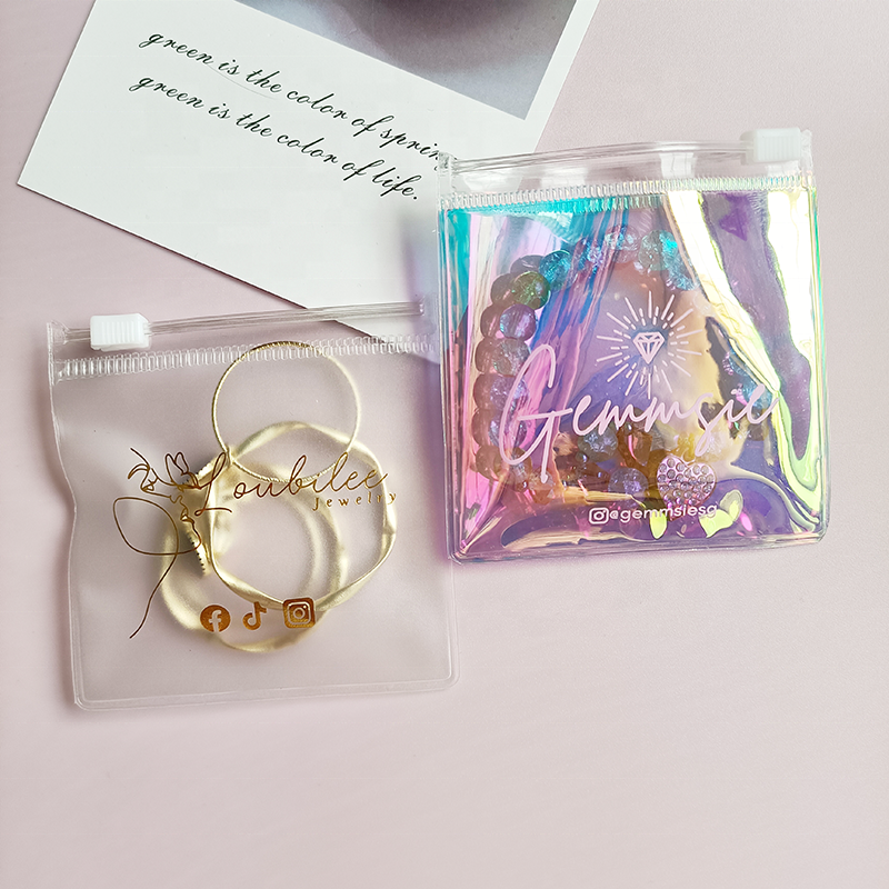 PVC Plastic Zipper Clear Jewelry Storage Bag with Logo, Mini Ziplock Laser Holographic Pouch for Ring Earrings Package