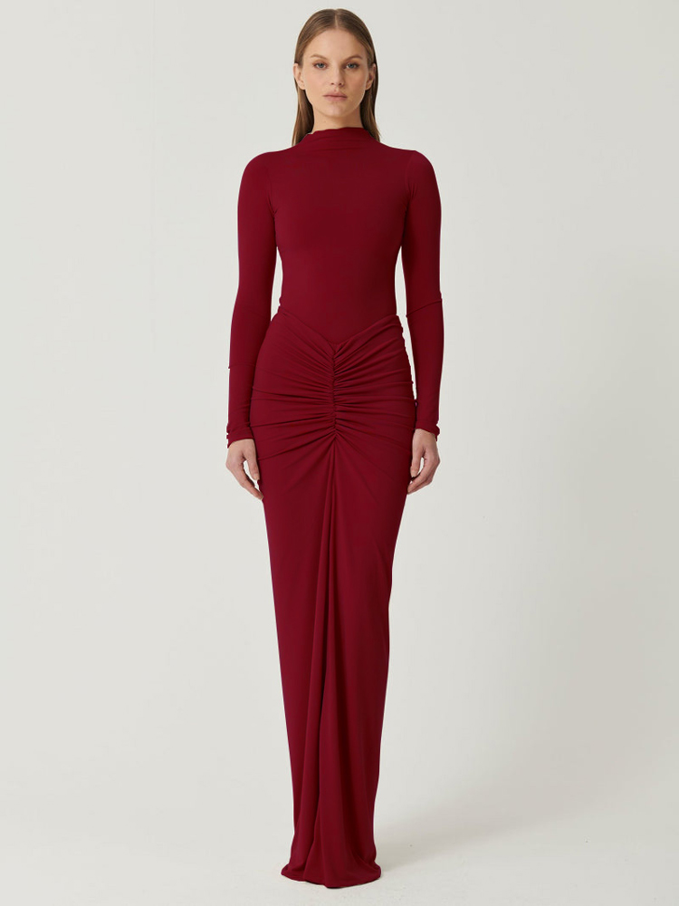 Tossy Pleated Fashion Patchwork Maxi Dress, Women's High Waist Long Sleeve Solid Slim Party Dress Summer Style
