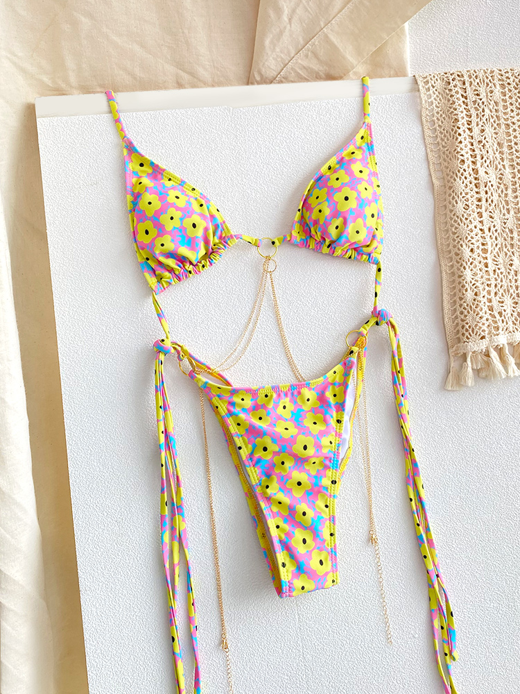 Sexy Triangle Chains Bikini Set with Micro Thongs, Bandage-Style Swimwear for Women Beachwear Print Thong Bikini