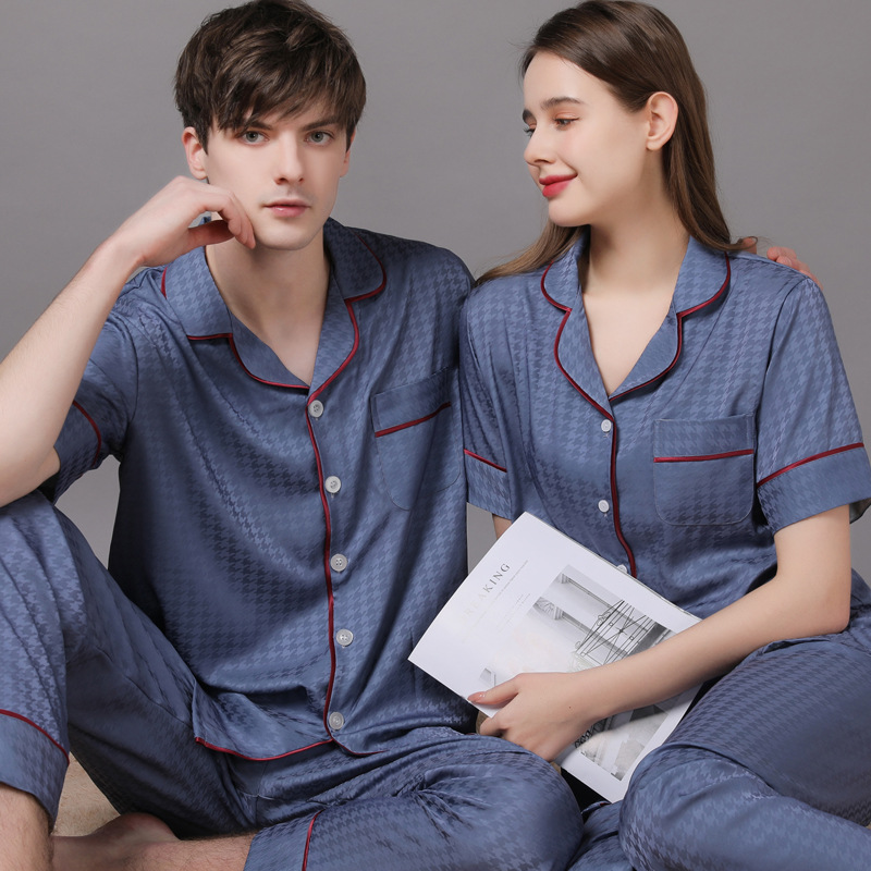 Summer Short Sleeve Couple Pajamas Suit Men Ice Silk Satin Long Pant Sleepwear High Quality Couples Set