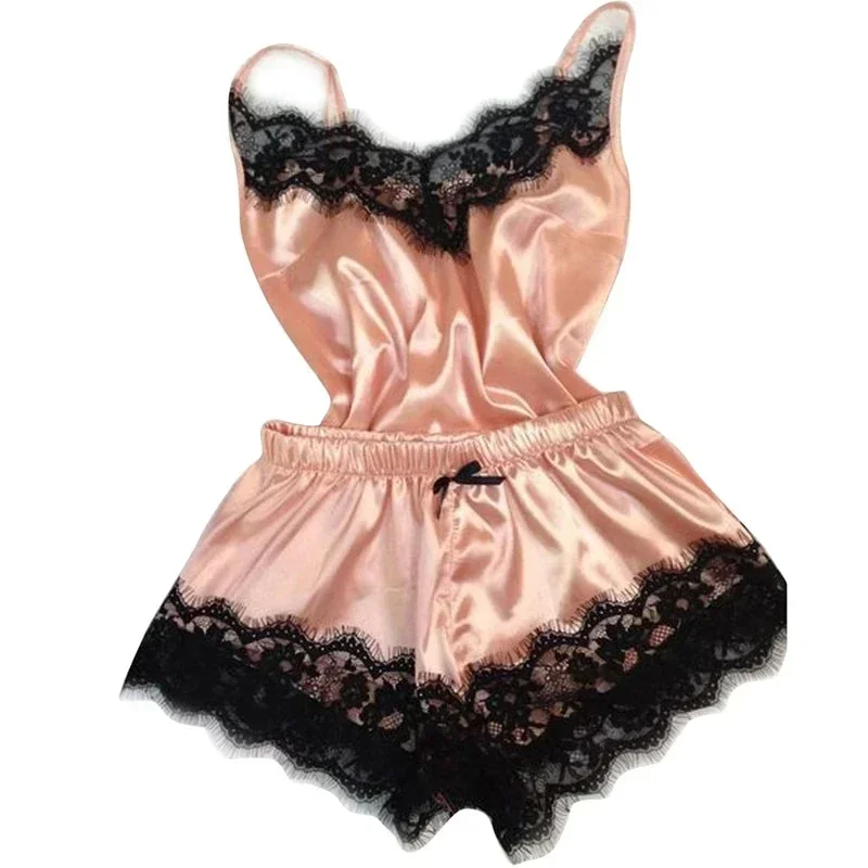 Summer Lace Silk Pajama Set for Women, Sexy Lingerie Cami Top and Shorts Set, Comfortable Casual Pijamas for Sleepwear