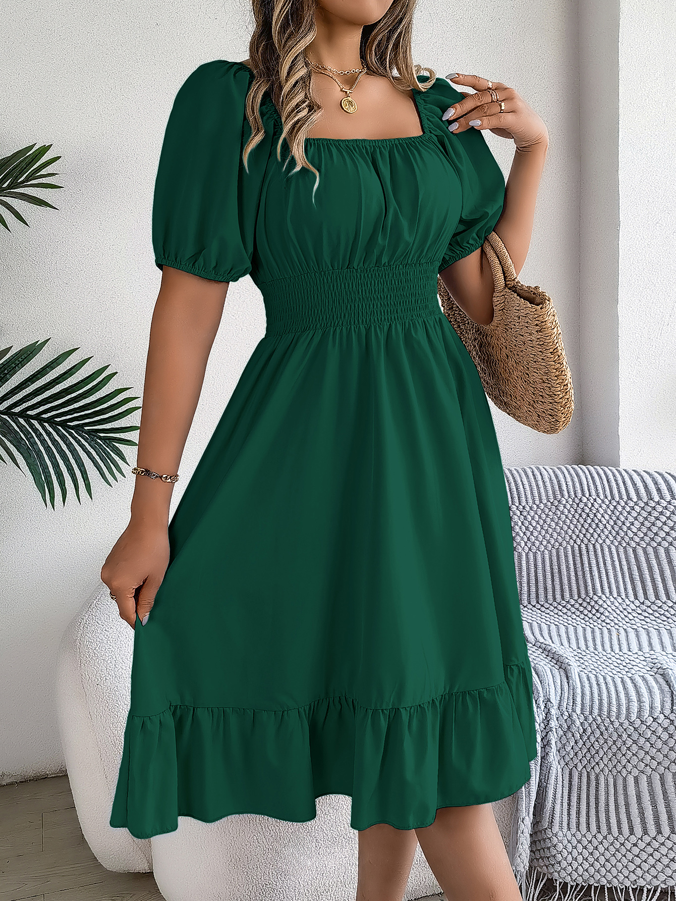Short Sleeved Ruffled Edge Long Dresses, Waisted Dress Square Neck for Women