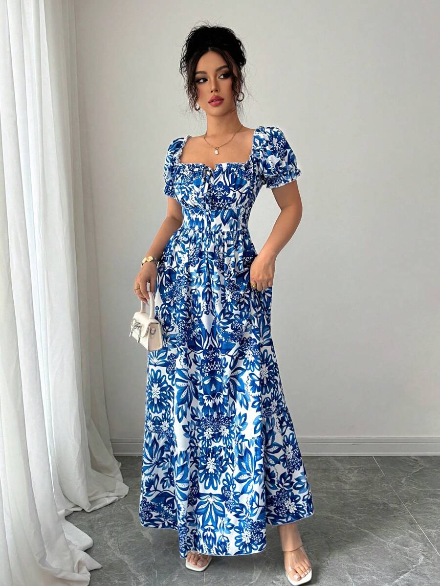 Blue Long Dress, Elegant Women's Floral Print, Front Tie Back Gathered Waist, Bubble Sleeve Dress for Casual Vacation
