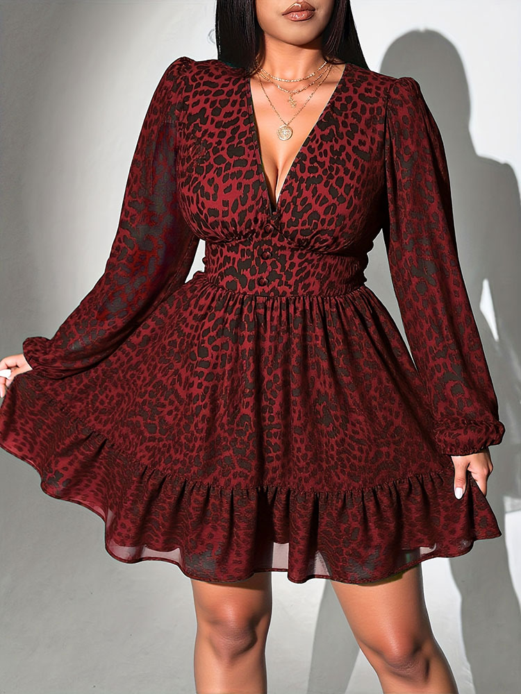 Plus Size Women Clothing Leopard Print Neck Long-Sleeve Dress A-Line American Slim Skirt Elegant Evening Party Dress