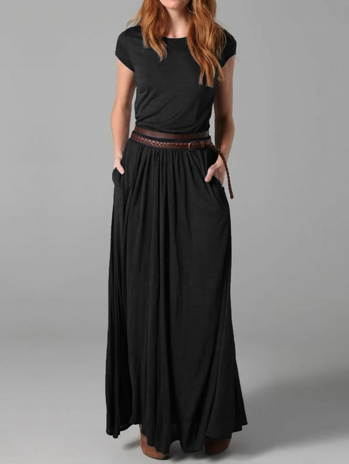 Short Sleeve Slim Retro Summer Female Dress, Vintage Black Round Neck, Pockets Ruched Pleated Long Casual Dress