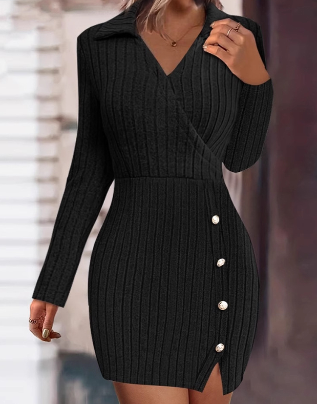 V-Neck Fitted Bodycon Long Sleeve Dress, New Autumn and Winter Solid Color Women Dress from Europe and America