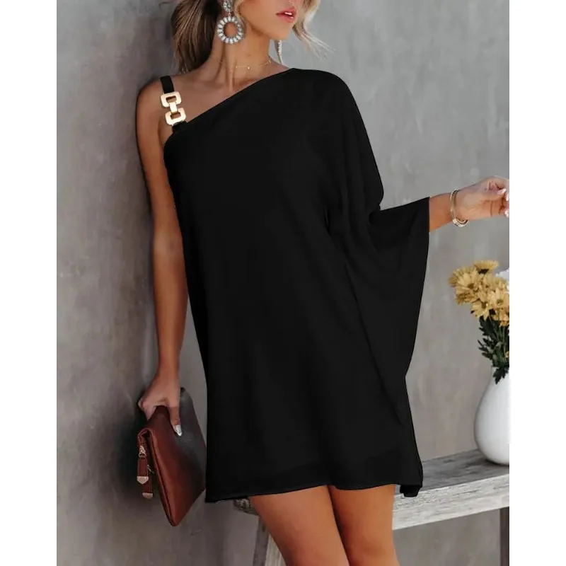 Summer Commuter Women's Dress, One Line Diagonal Neck Off Shoulder, Solid Color, Printed Metal Strap Bat Sleeve