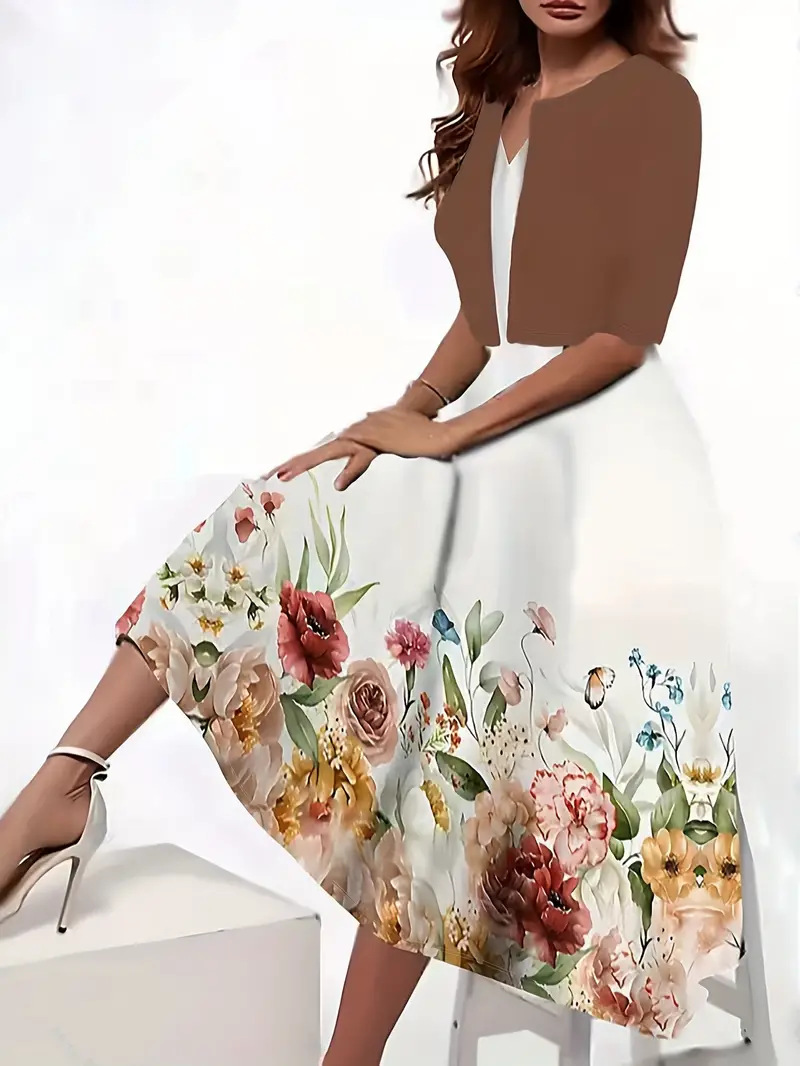 Autumn New Women’s Long Dress, Two-Piece Set, Floral Print, Round Neck Dress Coat for Women