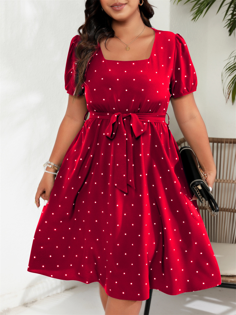 Square Neck Polka Dot Belted Dress, Women’s Elegant Retro Puff Sleeve, High Waist Summer A-line Big Swing Dresses