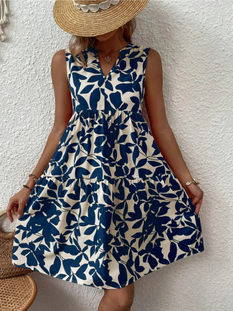 Women Boho Print Mini Dress, Summer Elegant Sleeveless Neck Ruffle A Line Tank Dress, Casual Loose Oversize Beach Party