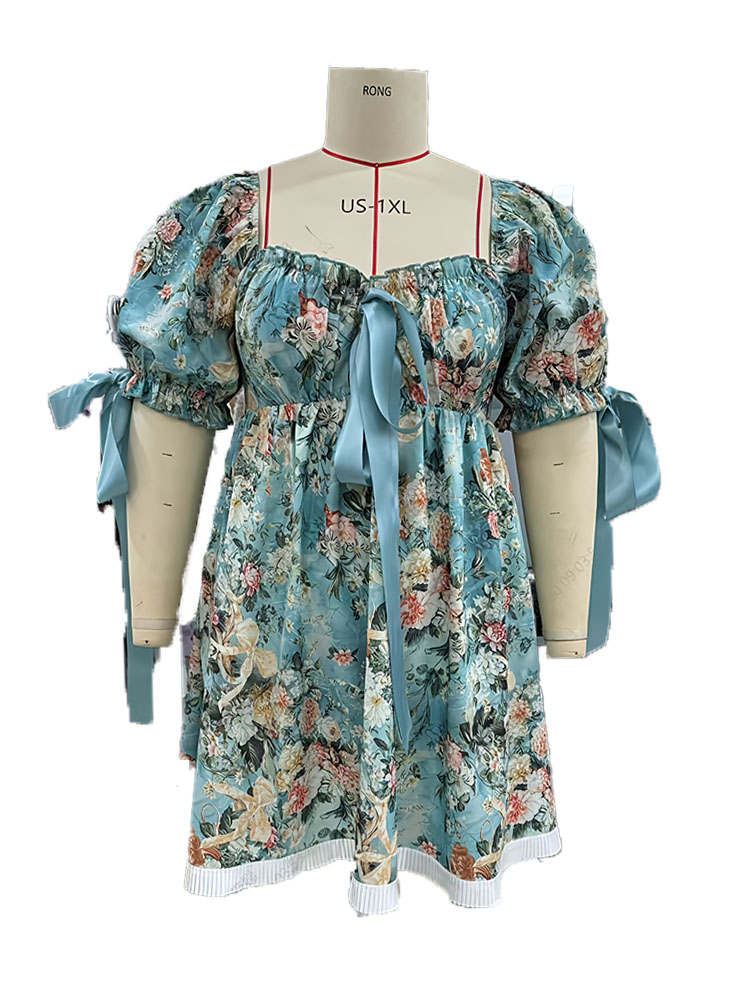 Plus Size Womens Lace Square Collar Mini Dress With Floral Print, Lantern Short Sleeves Elegant Party Dress