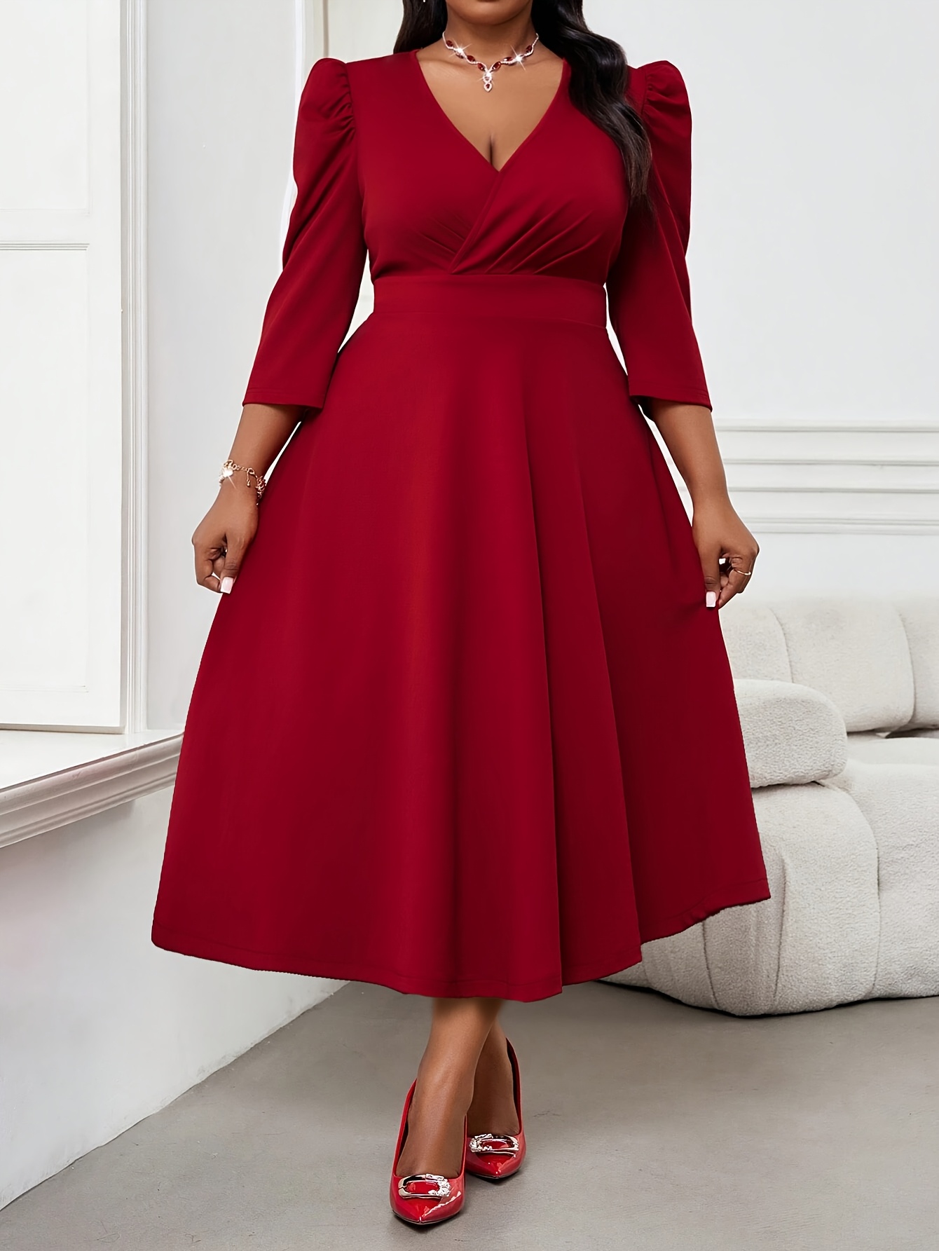 Elegant Red Dress for Large Sized Women, High End Womens Wear, Spring and Autumn Three Quarter Sleeves