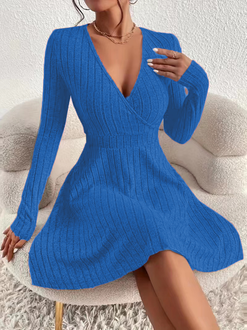 Elegant Plus Size Womens Ribbed Stretch Dress, Deep V Neck Cross Over Long Sleeve Work to Casual Dress