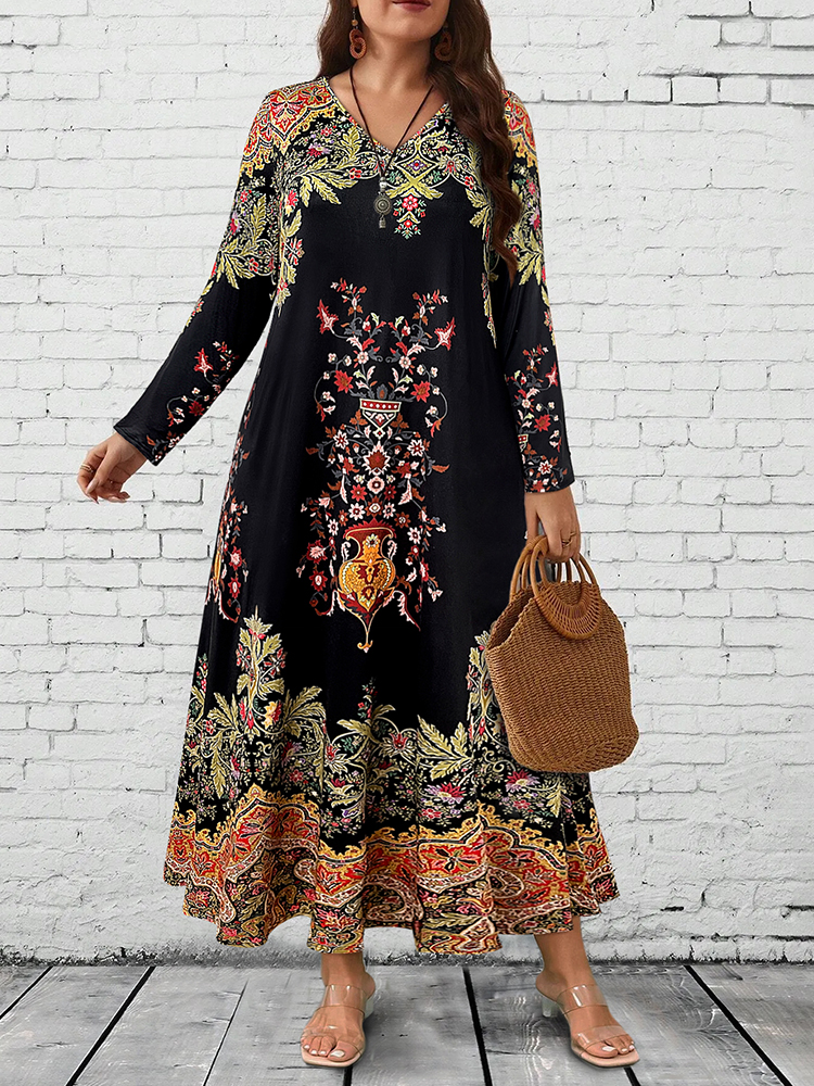 Floral Maxi Dress Women, Long Sleeve V Neck, Ethnic Print, Relaxed Casual and Festival Wear