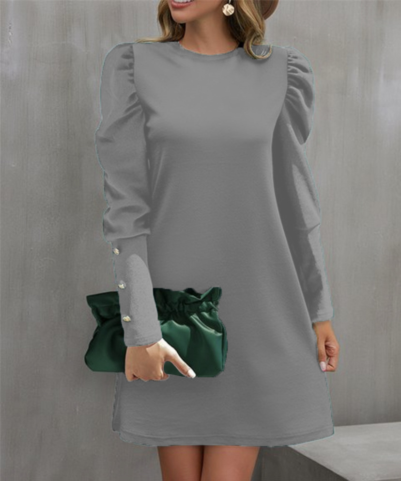 Solid Color Round Collar Bubble Sleeve Button Long-Sleeved Dress, Women's Autumn and Winter New Fashion Outfit