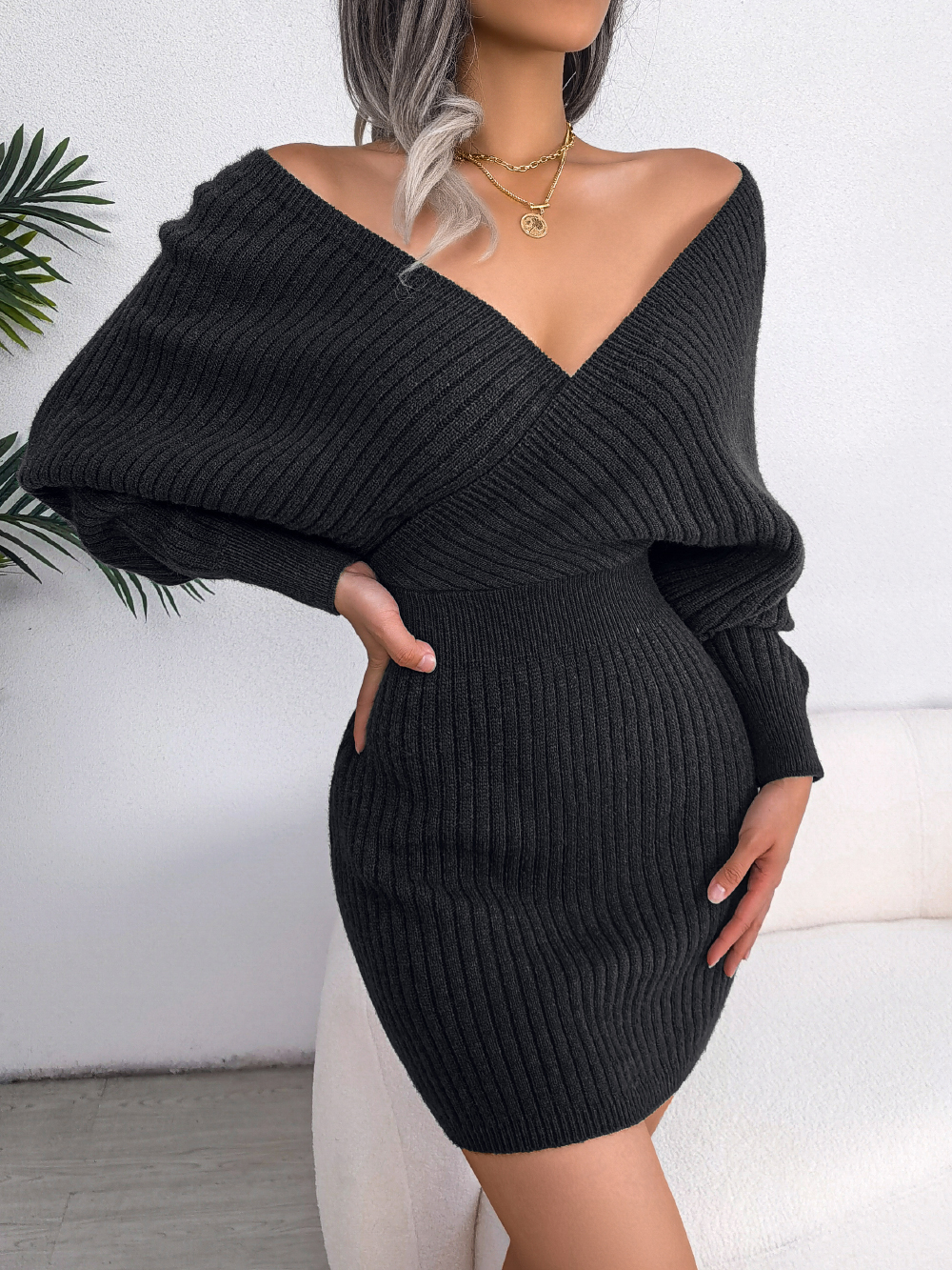 Casual Autumn Winter Long Sleeve Knitted Dresses, Solid Color Style in White Green Blue Black Purple