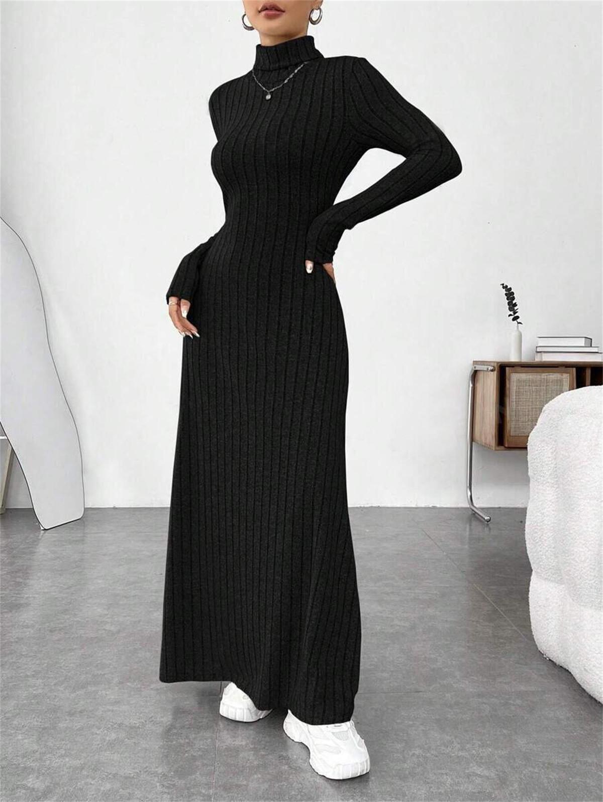 Turtleneck Vintage Dress Women, Autumn Winter Solid Casual Street Vestidos Fashion