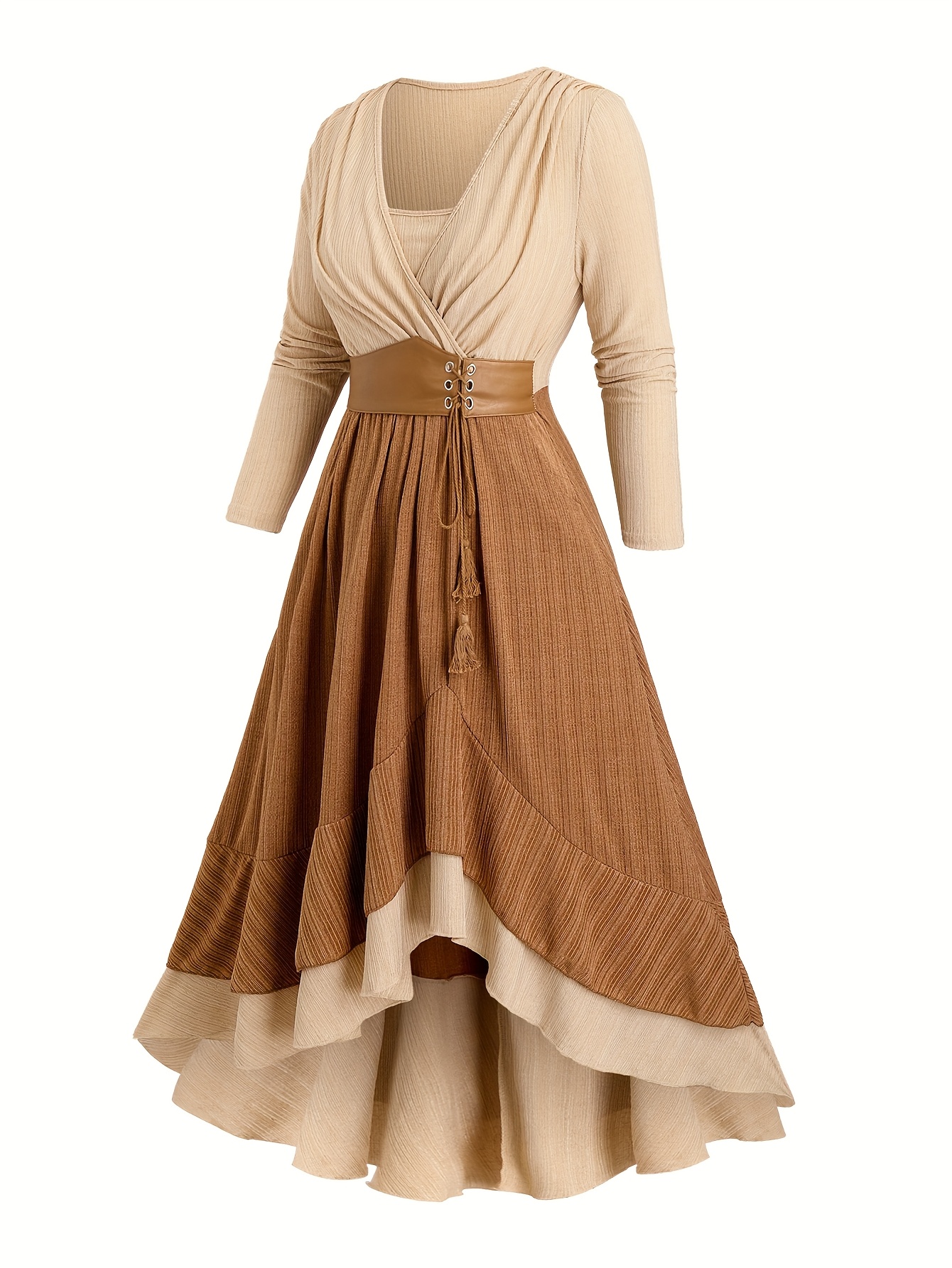 Plus-Size Women's European and American Fashion Dress with Patchwork, Tie, Hemp Rope, Tassel Pockets, Ruffled Hem,